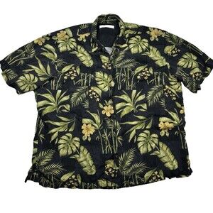 Tommy Bahama Hawaiian Shirt Men's XXL 2XL Silk Black Floral Palm Leaf Tropical